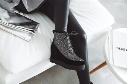 Autumn Winter New Style Fashion Slope Heel Color Matching Bling Short Boots Warm Women'S Boots Black