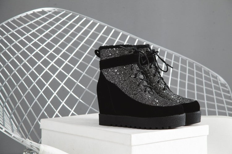 Autumn Winter New Style Fashion Slope Heel Color Matching Bling Short Boots Warm Women'S Boots Black