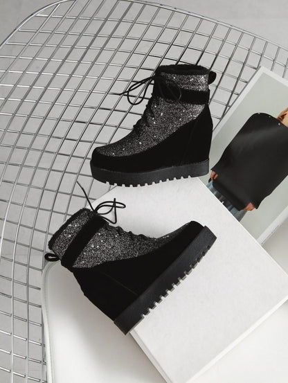 Autumn Winter New Style Fashion Slope Heel Color Matching Bling Short Boots Warm Women'S Boots Black