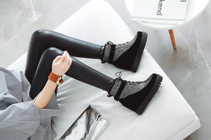 Autumn Winter New Style Fashion Slope Heel Color Matching Bling Short Boots Warm Women'S Boots Black