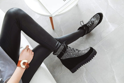 Autumn Winter New Style Fashion Slope Heel Color Matching Bling Short Boots Warm Women'S Boots Black