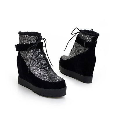 Autumn Winter New Style Fashion Slope Heel Color Matching Bling Short Boots Warm Women'S Boots Black