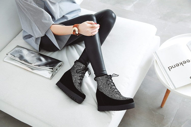 Autumn Winter New Style Fashion Slope Heel Color Matching Bling Short Boots Warm Women'S Boots Black