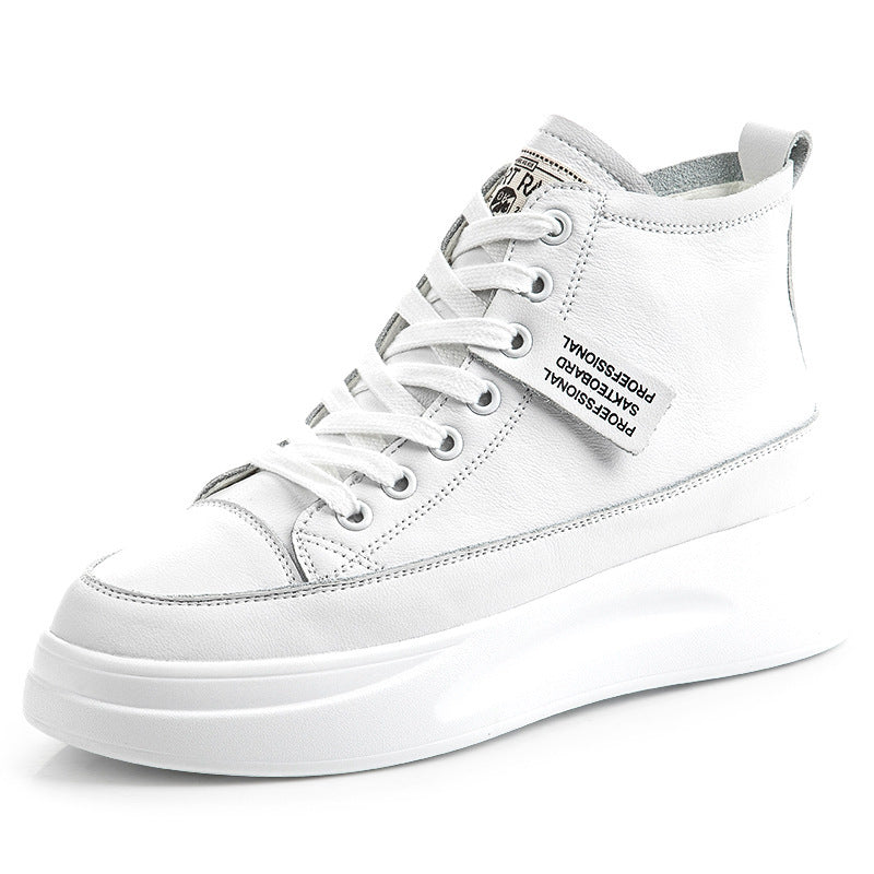 New Slim And Versatile High-Top Leather White Shoes For Women