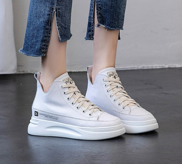 New Slim And Versatile High-Top Leather White Shoes For Women