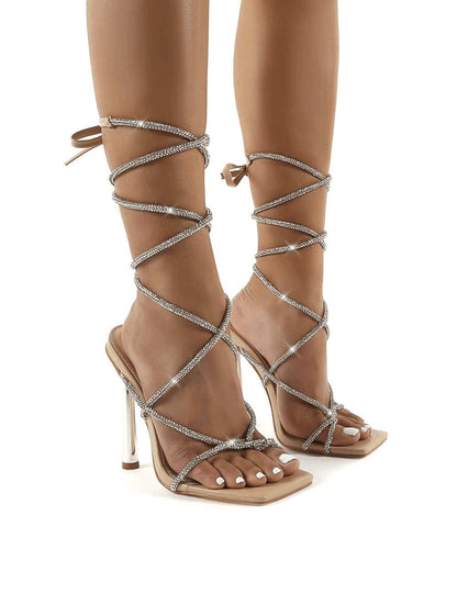 Sandalias de tacón alto con tiras de diamantes de imitación y punta cuadrada para mujer, zapatos de verano, moda europea y americana