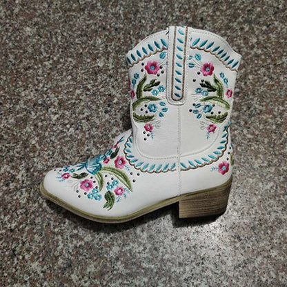 European And American Square Heel Embroidered Boots Fashion Color Embroidered