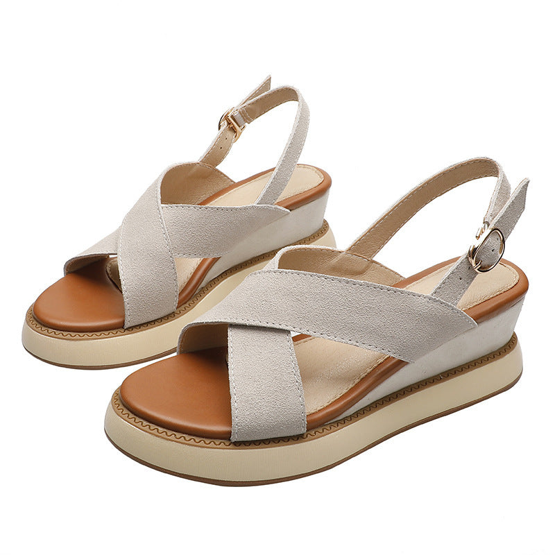 Round-Toe Leather Wedge Sandals High-Heeled Mid-Heel Casual Platform Shoes