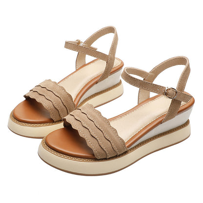 Round-Toe Leather Wedge Sandals High-Heeled Mid-Heel Casual Platform Shoes