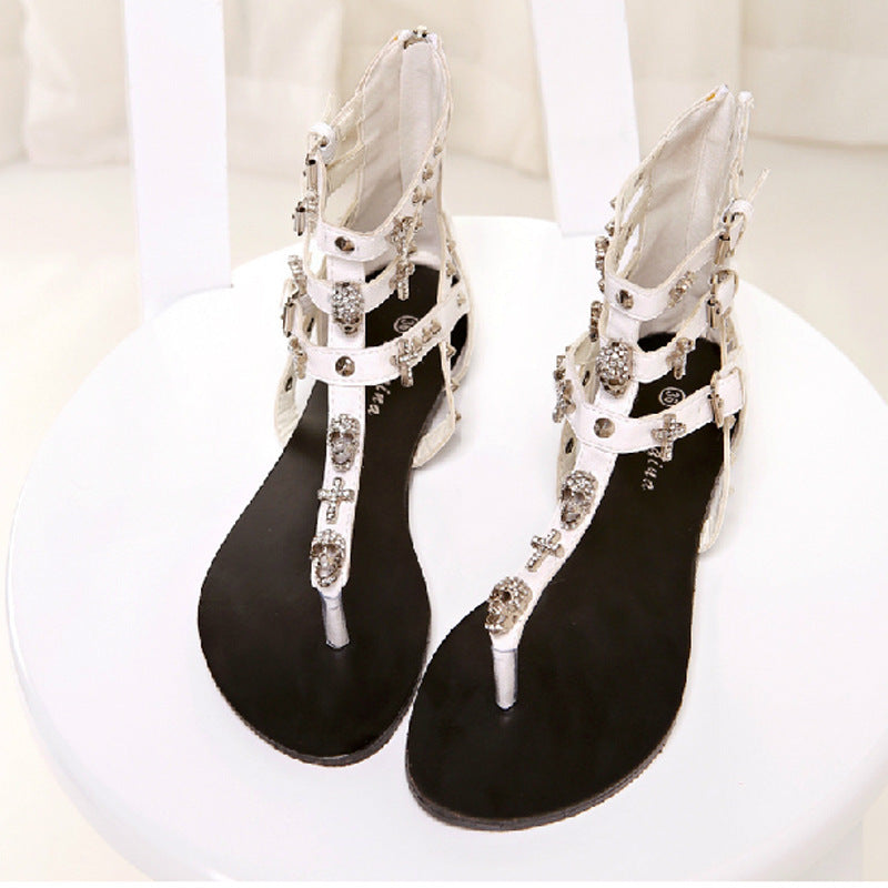 New Foreign Trade Products Orange Rhinestone Skull Punk Style High Top Sandals Flat Bottom Women'S Shoes