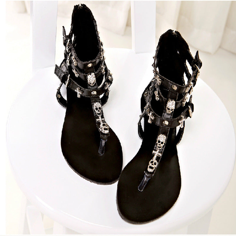 New Foreign Trade Products Orange Rhinestone Skull Punk Style High Top Sandals Flat Bottom Women'S Shoes