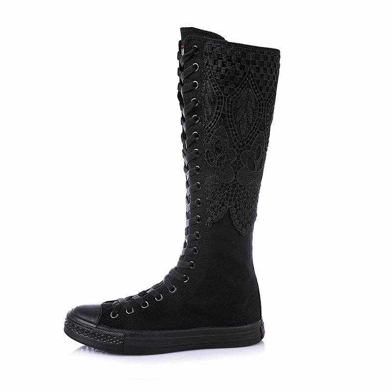 Botas de mujer de lona de invierno, botas punk suaves, botas clásicas cómodas hasta la rodilla, zapatos con cordones y cremallera, botas negras cálidas de goma para mujer