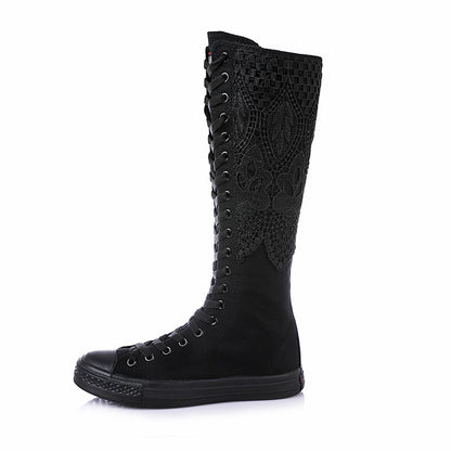 Bottes d'hiver en toile souple pour femme, bottes punk classiques et confortables, bottes hautes au genou, fermeture éclair, lacets, chaussures pour femmes, bottes noires chaudes en caoutchouc