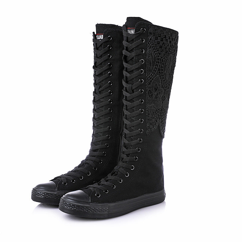 Bottes d'hiver en toile souple pour femme, bottes punk classiques et confortables, bottes hautes au genou, fermeture éclair, lacets, chaussures pour femmes, bottes noires chaudes en caoutchouc