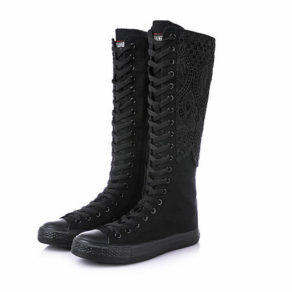 Women Boots Winter Canvas Soft Punk Boots Classic Comfy Knee High Boots Zipper Lace-Up Female Shoes Rubber Warm Black Boots