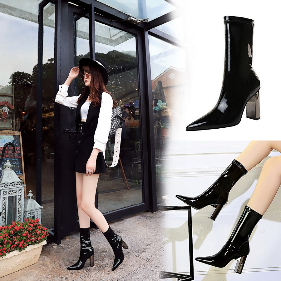 Shiny Patent Leather Boots Metal Thick Heel High Heel Pointed Toe Slim Short Boots