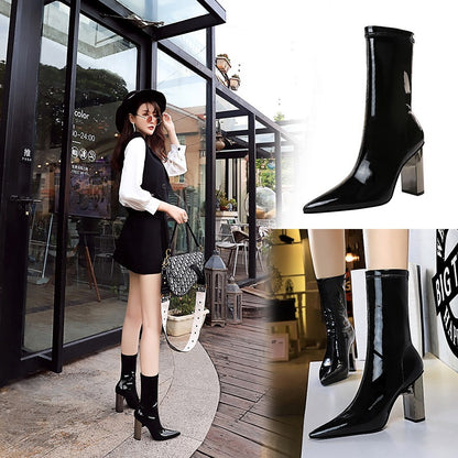 Shiny Patent Leather Boots Metal Thick Heel High Heel Pointed Toe Slim Short Boots