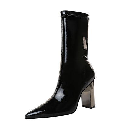 Shiny Patent Leather Boots Metal Thick Heel High Heel Pointed Toe Slim Short Boots