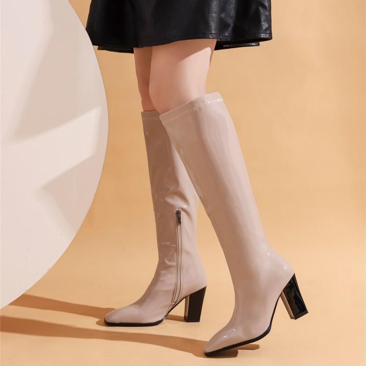 Patent Leather Chunky Heel High Heel High Boots