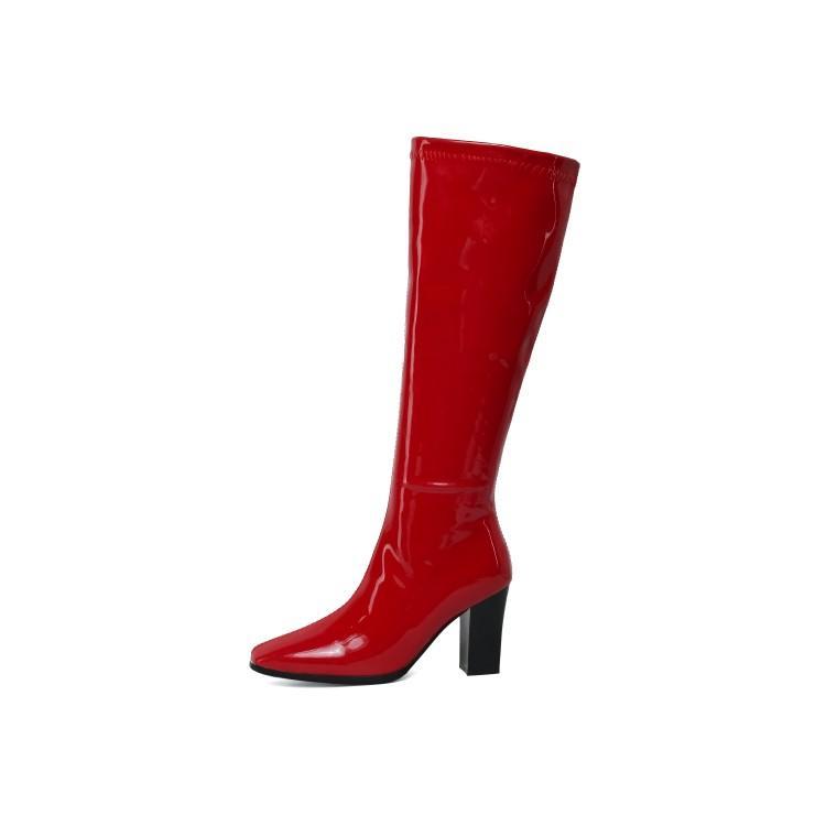 Patent Leather Chunky Heel High Heel High Boots