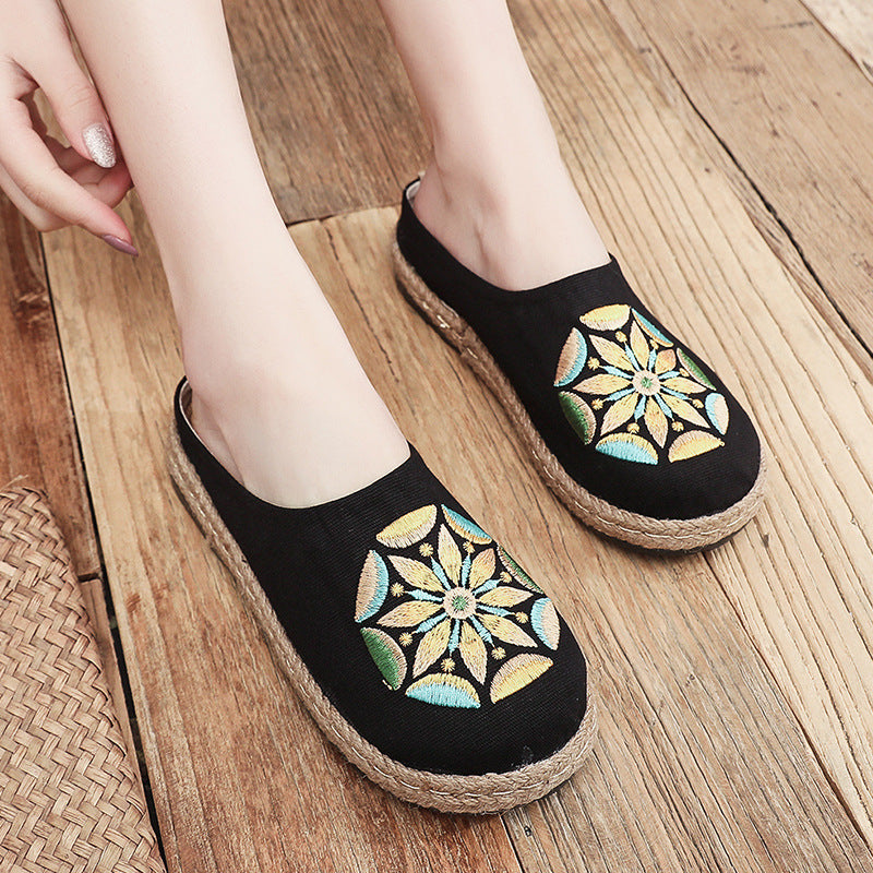 Baotou Sandals And Slippers, Women's Ethnic Style Embroidered Linen Half-mop Shoes, Flat-bottomed Lazy Shoes