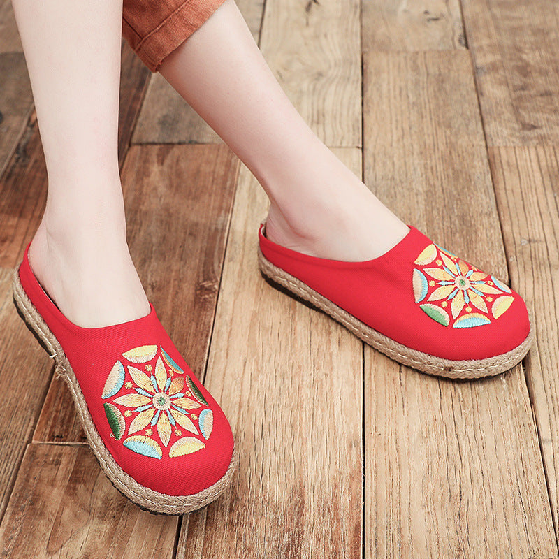 Baotou Sandals And Slippers, Women's Ethnic Style Embroidered Linen Half-mop Shoes, Flat-bottomed Lazy Shoes