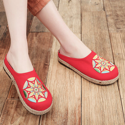 Baotou Sandals And Slippers, Women's Ethnic Style Embroidered Linen Half-mop Shoes, Flat-bottomed Lazy Shoes