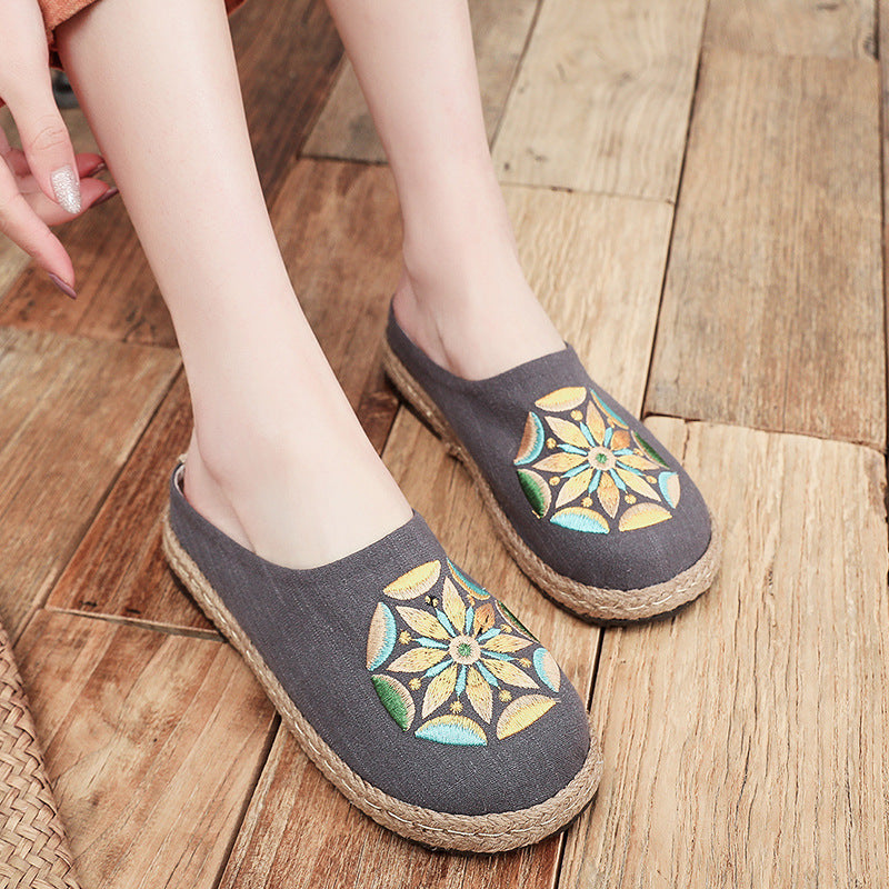 Baotou Sandals And Slippers, Women's Ethnic Style Embroidered Linen Half-mop Shoes, Flat-bottomed Lazy Shoes