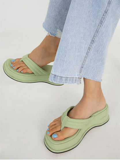 Heighten Flip-Flops Women'S Thick-Soled Outer Wear Green Wide-Edge Suede Flip-Flops