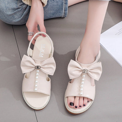 Summer New Versatile Pearl Bow Casual Flat Bottom Student Sandals