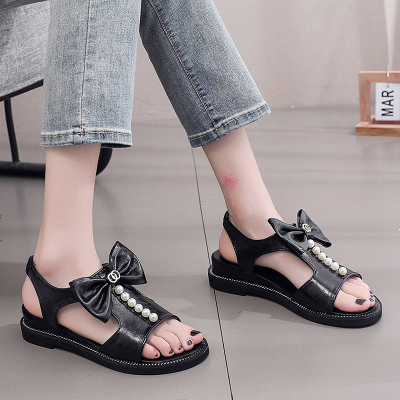 Summer New Versatile Pearl Bow Casual Flat Bottom Student Sandals