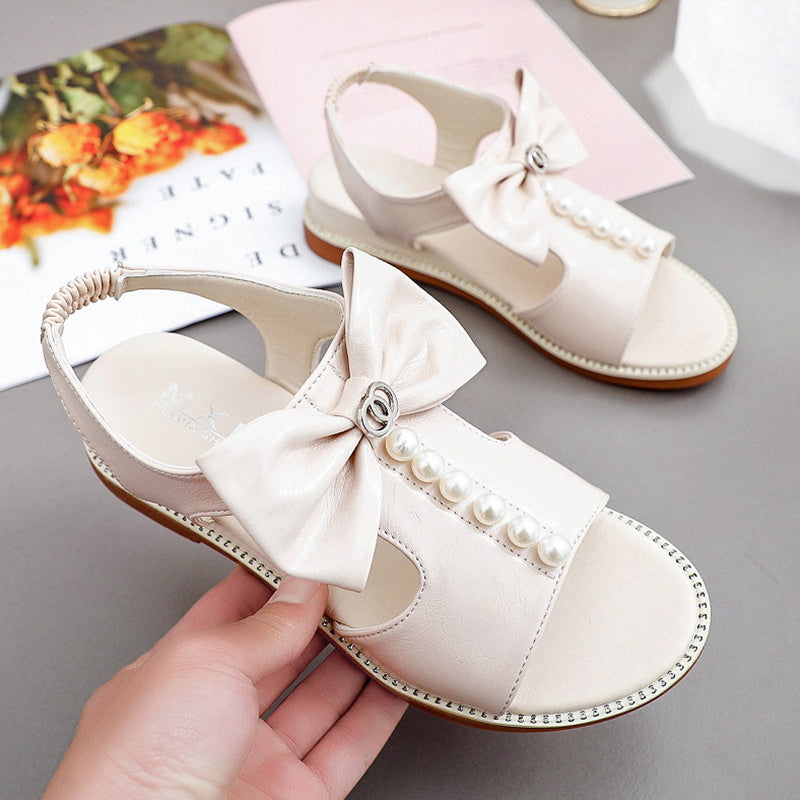 Summer New Versatile Pearl Bow Casual Flat Bottom Student Sandals