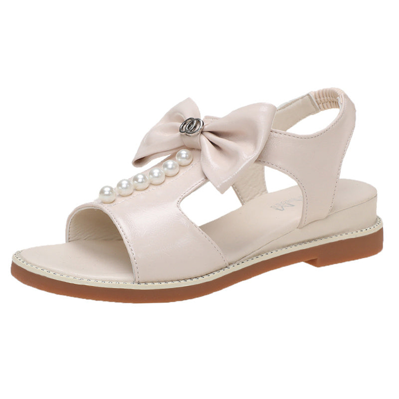 Summer New Versatile Pearl Bow Casual Flat Bottom Student Sandals