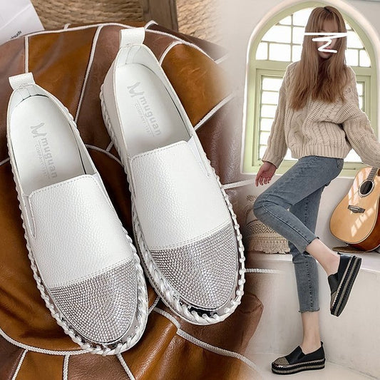 Slip-on Leather Platform Rhinestone Slip-on Shoes