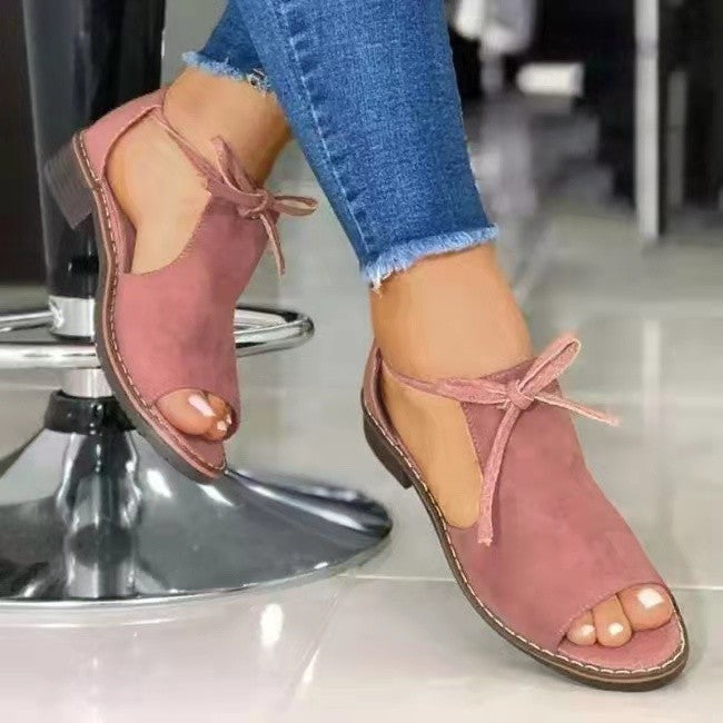 Summer New Style Fish Mouth Front Lace Up Side Hollow Square Heel Women Sandals