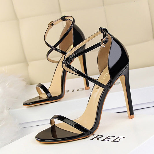 Sexy Cross Buckle Patent Leather Thin Strap Fairy High Heels