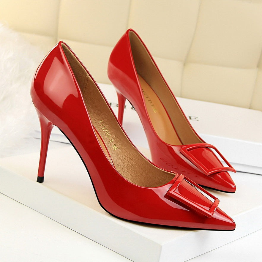 Women's Patent Leather Square Buckle Net Red High Heels Stiletto All-match Fashion