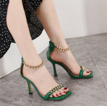 One Word Buckle Chain Sandals Female Summer Stiletto 2 Sexy All-match Summer High Heels