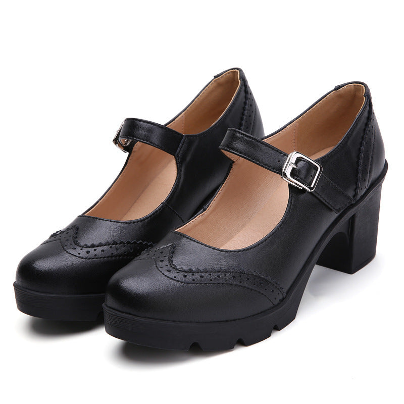 Zapatos de tacón para mujer Mary Jane de piel auténtica de oveja estilo retro cuadrado