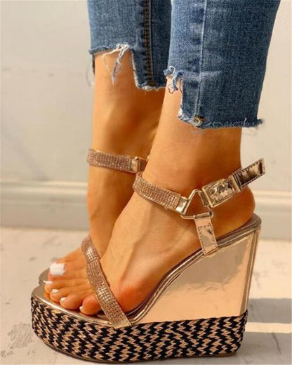 Rhinestone word buckle wedge heeled sandals