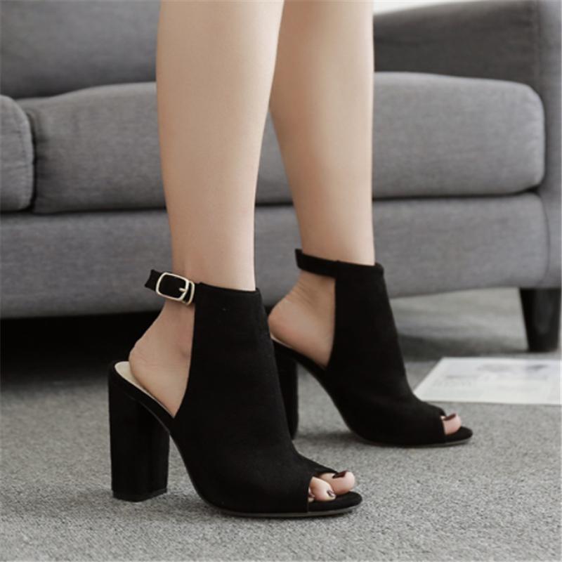 Spring new simple suede fish mouth hollow with high heel Roman sandals