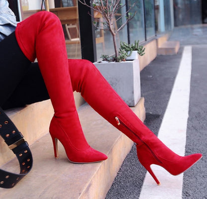 Suede and velvet high heel long boots