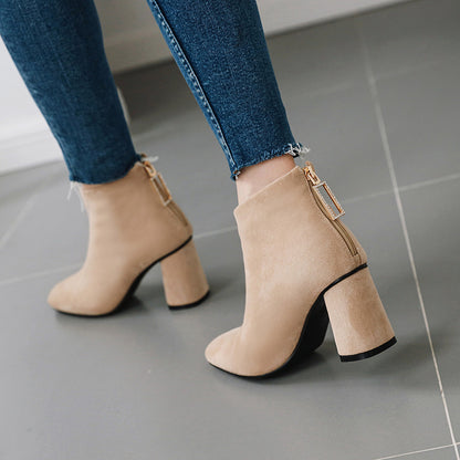 Suede back zipper chunky heel ankle boots