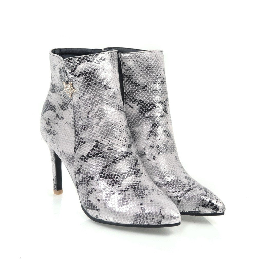 Pointed stiletto heel fashion side zipper sexy snake pattern wild ladies bare boots