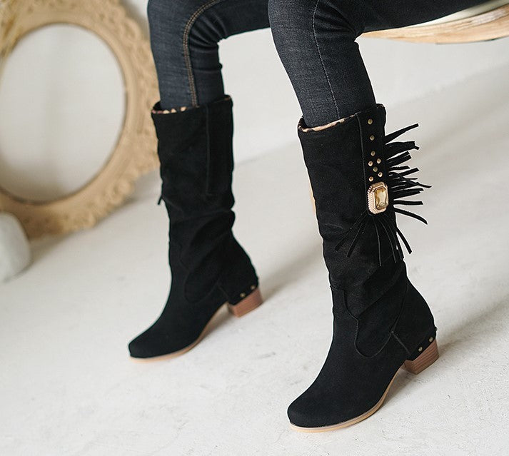 Fringed mid-tube women's boots