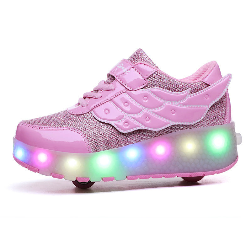 Chaussures de marche pour enfants Patins à roulettes pour adolescents Lampe de charge à double roue Patins à roulettes volants Chaussures à roues de sport