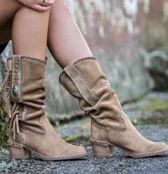 Fringed mid-tube women's boots