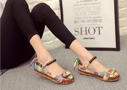 Vintage beaded embroidered lace cloth shoes national wind straps shallow mouth single shoes