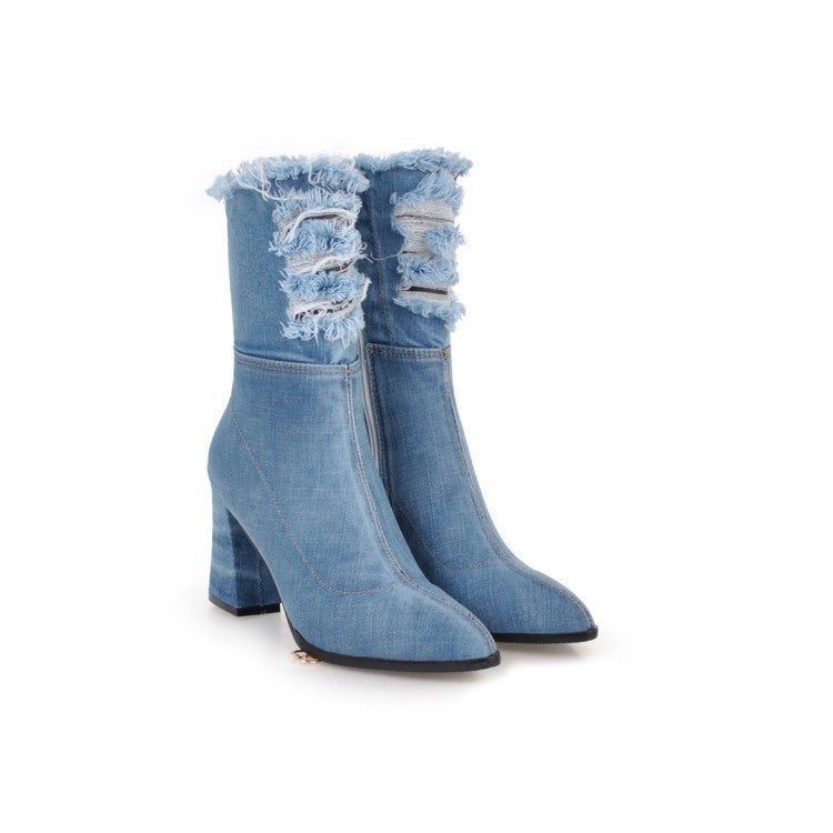 Denim short boots with thick heels