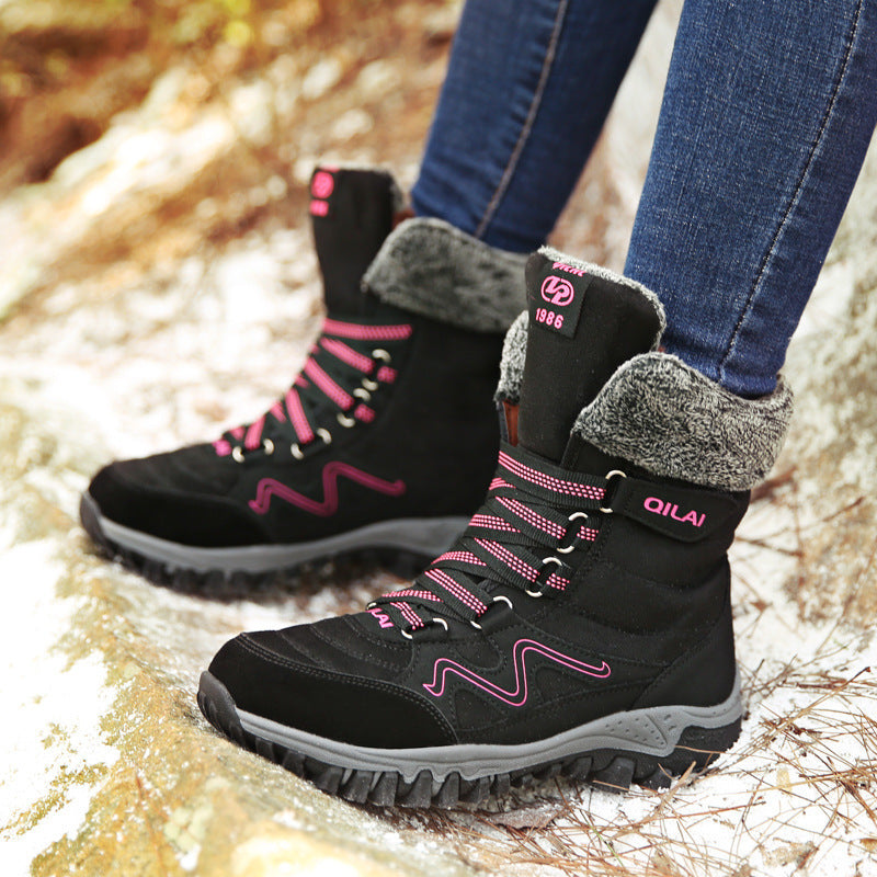 Bottes de neige d'extérieur d'automne et d'hiver bottes de ski pour femmes bottes de voyage chaussures de randonnée dans le tube chaussures en coton chaudes et en velours